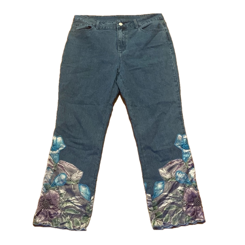 Soft Surroundings Denim Cropped Pants Nevaeh Beaded Floral Medium Wash 10